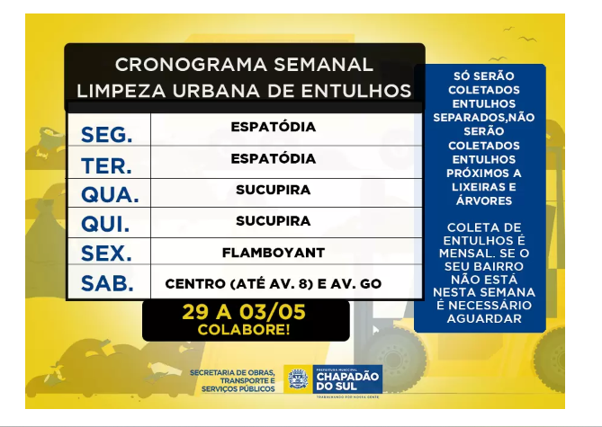 Imagem de compartilhamento para o artigo Veja aqui o cronograma de limpeza urbana e saiba como descartar entulhos em Chapadão do Sul da MS Todo dia